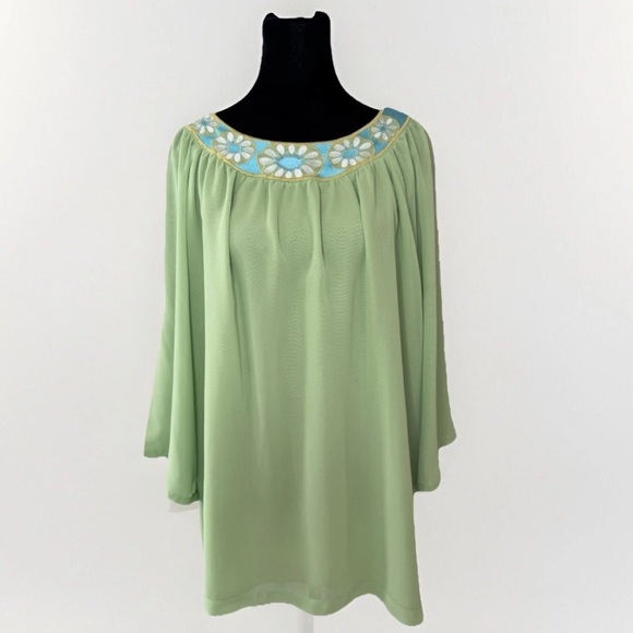 Bob Mackie Blouse Tunic 2X Womens Green Top Floral Embroidered Beaded Party Boho - Picture 1 of 9